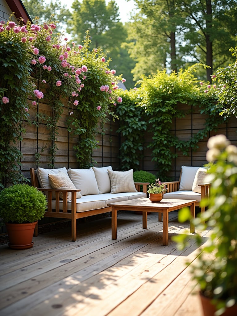 Vertical garden railing covered in flowering vines creating a lush deck space.