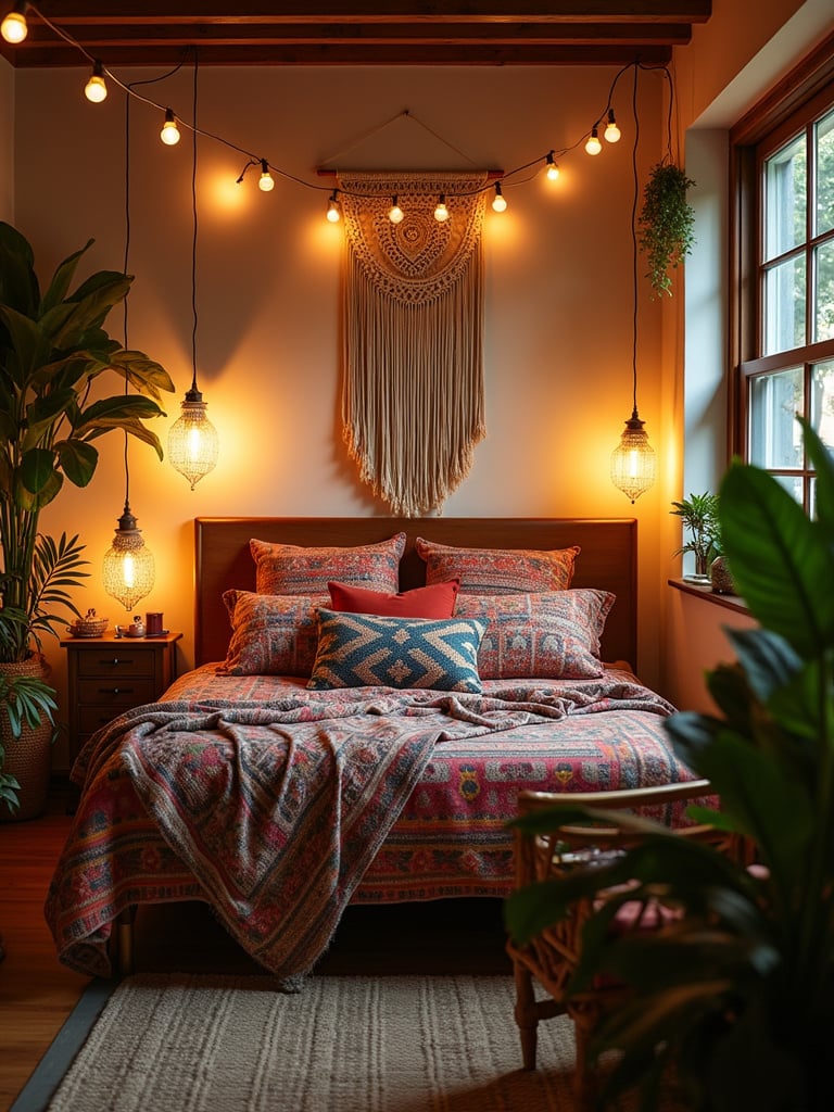 Bohemian bedroom with layered textiles, colorful patterns, and indoor plants.