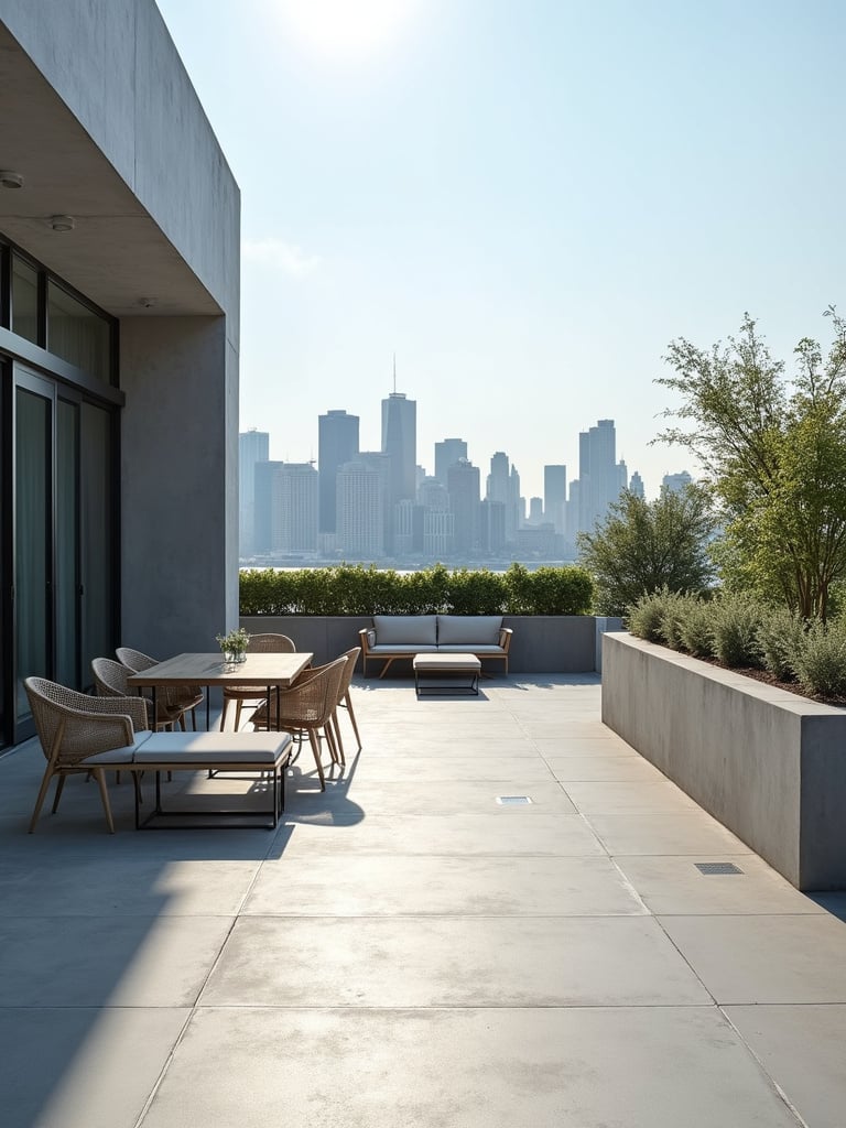 Solid light grey concrete railing wall on a modern concrete deck.