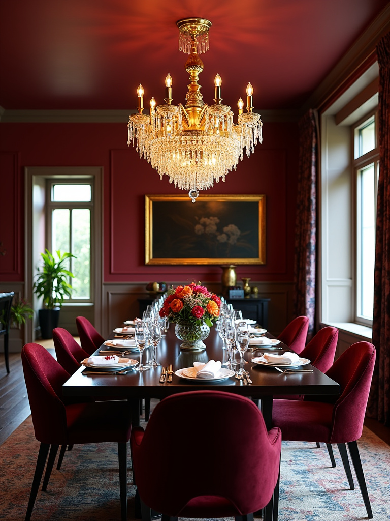 Glam dining room with an elegant brass chandelier and rich jewel-toned decor.