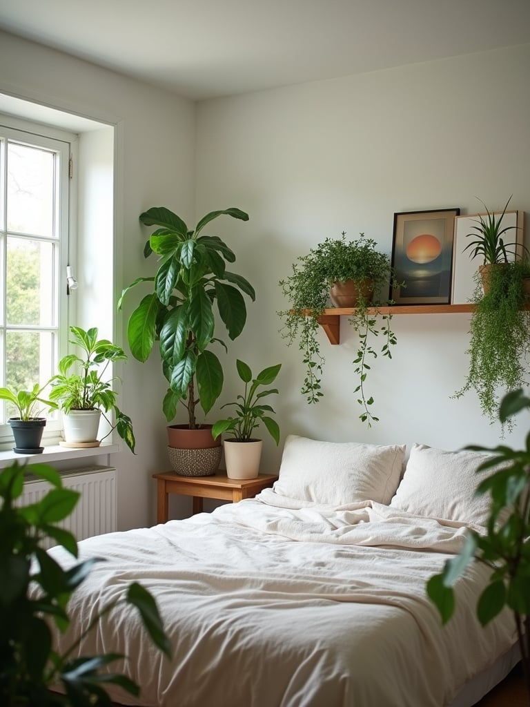 Bedroom with indoor plants adding freshness and natural elements.