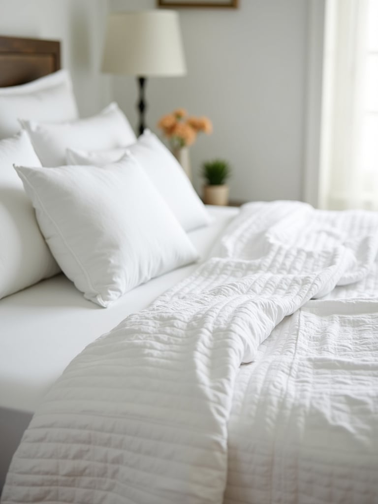 Neatly made bed with crisp white and textured budget-friendly bedding.