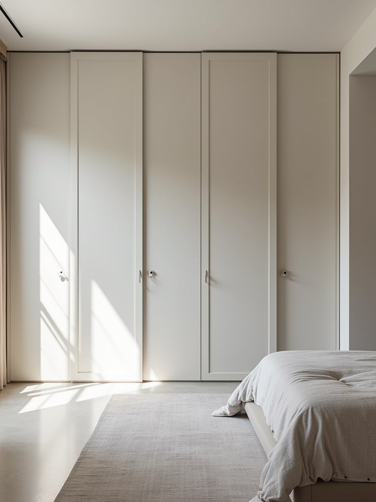 A well-lit, minimalist bedroom featuring a built-in closet system that reaches the ceiling, giving a clean and uncluttered aesthetic.