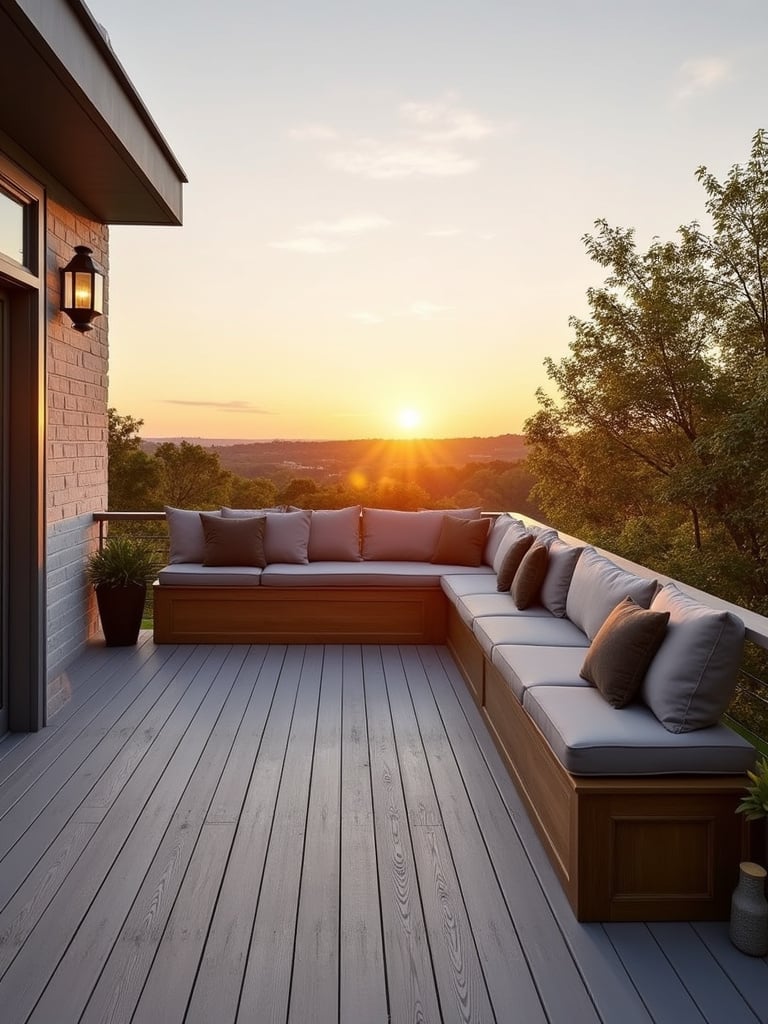 Deck railing with built-in wooden bench seating overlooking a sunset.