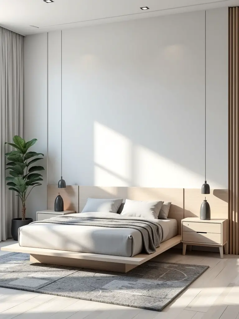 Modern bedroom with clean lines, geometric rug, and minimalist furniture.