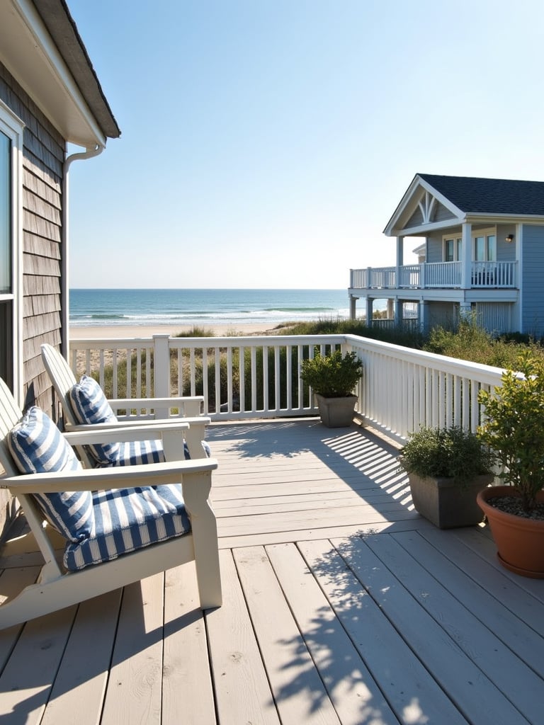 Classic white picket railing on a deck overlooking a beach.