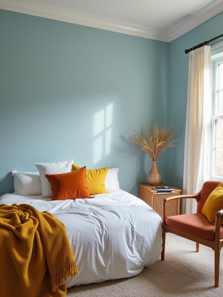 Bedroom with a calming blue and neutral color palette with terracotta and mustard yellow accents.