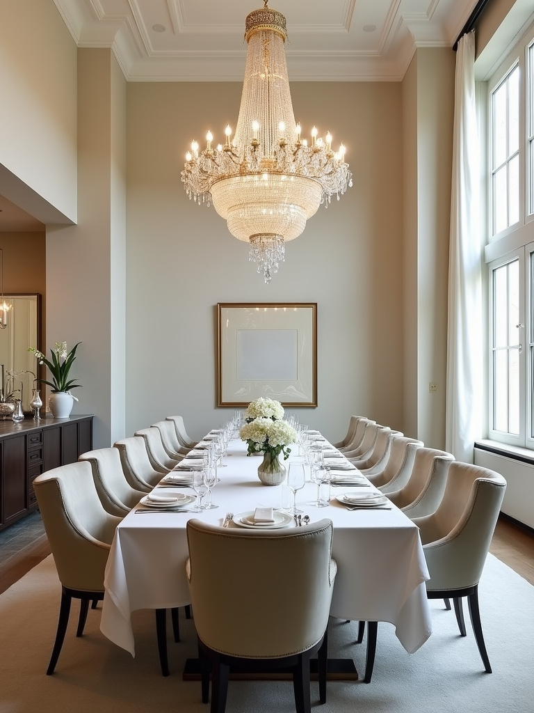Spacious dining room with a grand chandelier appropriately sized for the room and table.