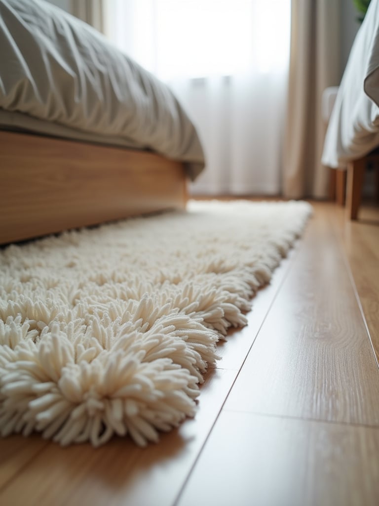 Cozy bedroom rug adding warmth and defining the bed area.
