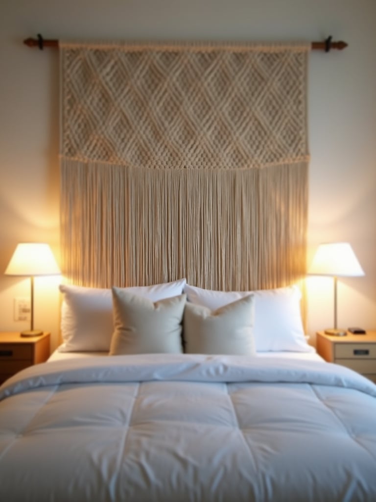 Bedroom with a handmade macrame headboard in soft warm lighting.