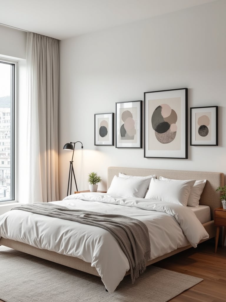 Bedroom with a DIY abstract art gallery wall above the bed.