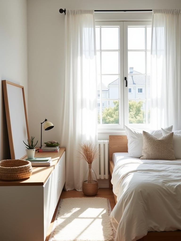 Minimalist and decluttered bedroom in bright natural light with organized storage.