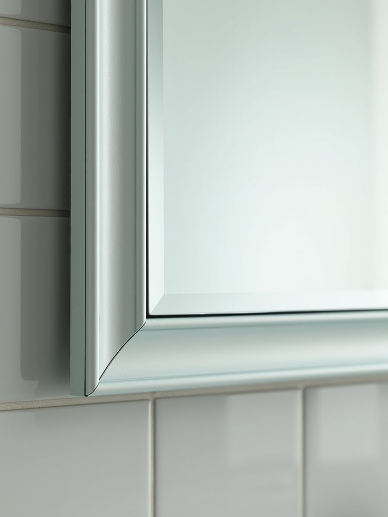 Bathroom mirror with a beveled decorative edge, adding subtle elegance and light reflection.