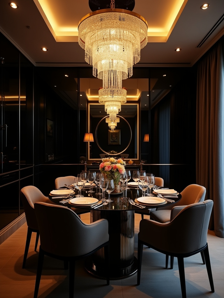 Glamorous dining room with a crystal chandelier set to dimmable warm lighting for an intimate atmosphere.