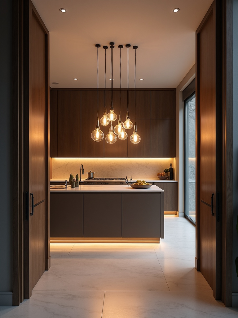 Modern luxury kitchen featuring a dramatic cluster of pendant lights over a central kitchen island.