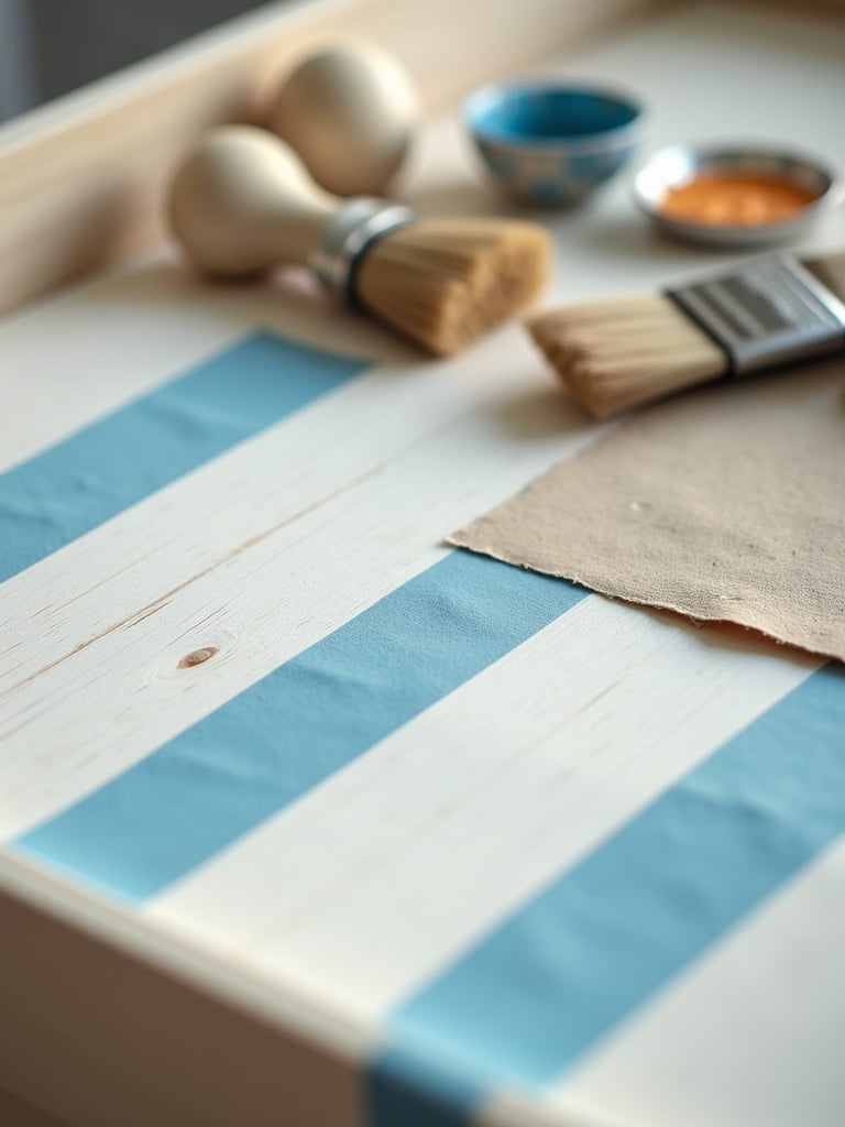 DIY dresser makeover in progress with painted geometric pattern and tools.