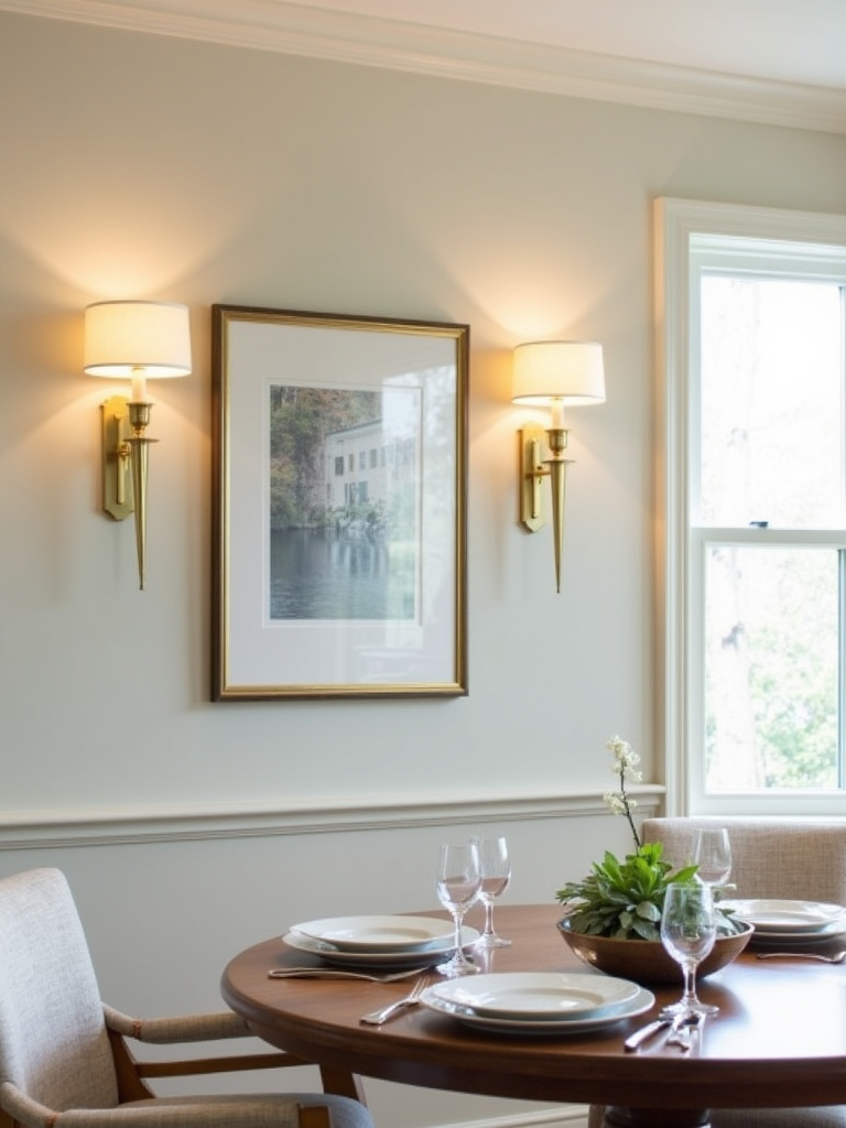 Transitional dining room with elegant brass wall sconces flanking artwork on the wall.