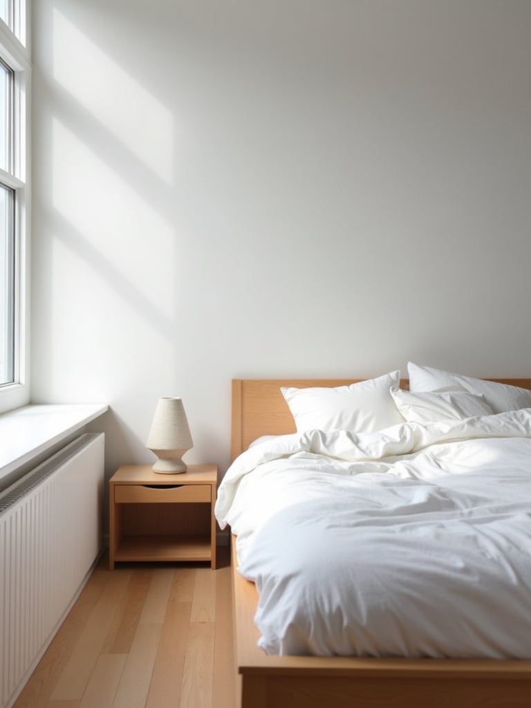 Minimalist bedroom with white bedding, light gray walls, and natural light.
