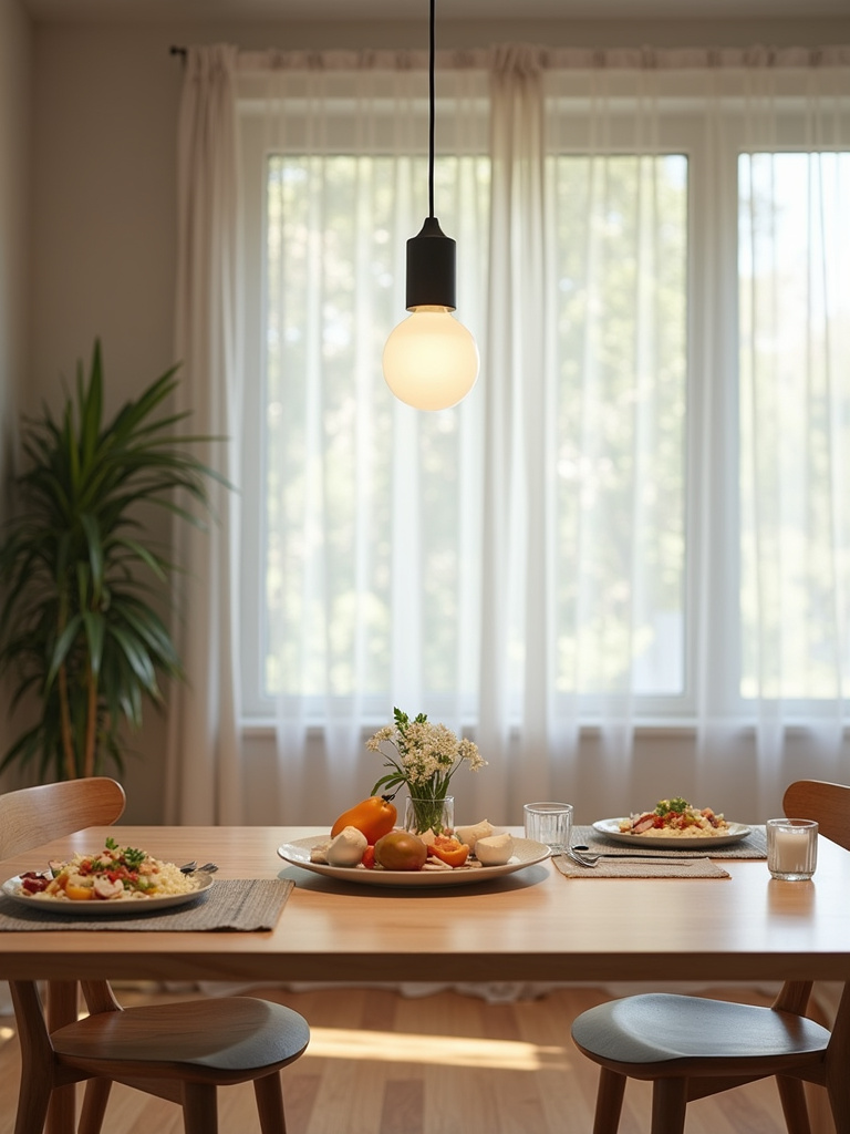 Modern eco-friendly dining room with an energy-efficient LED pendant light.