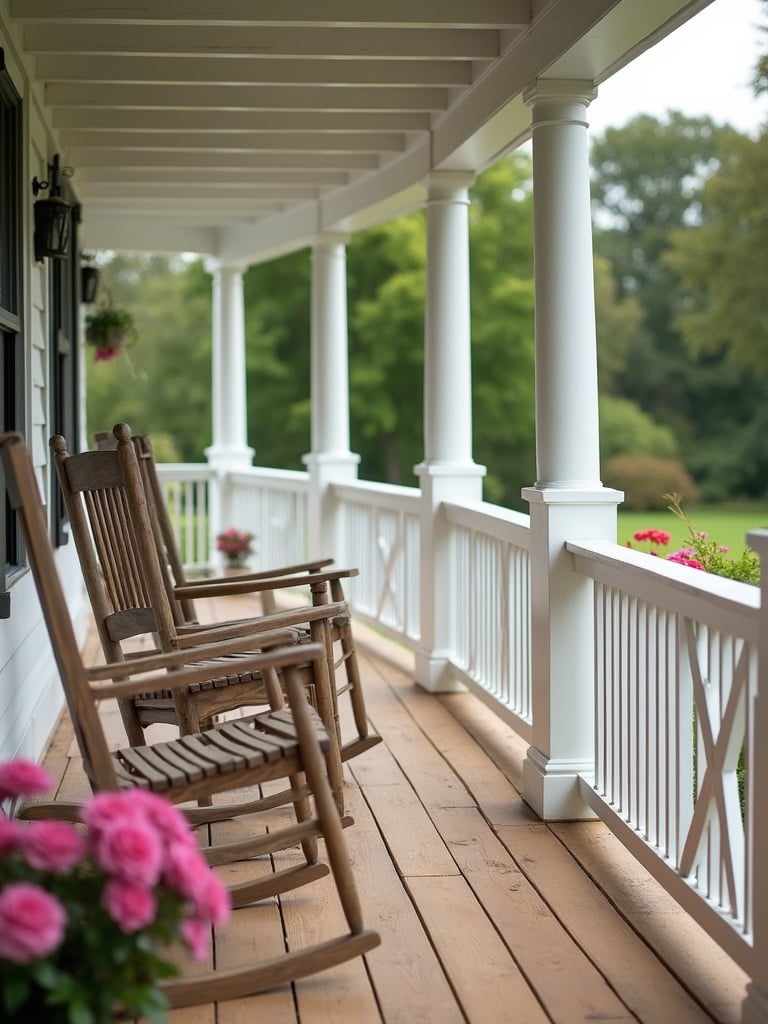 White painted wood railing with X-design balusters on a farmhouse-style deck.