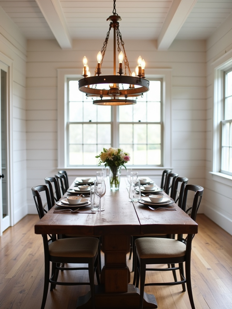 Farmhouse dining room with a rustic metal chandelier and a long wooden dining table.
