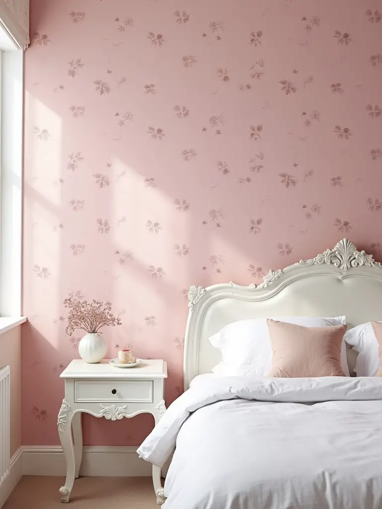 A romantic bedroom featuring a delicate pink floral wallpaper, complemented by white carved furniture and illuminated with soft natural light.
