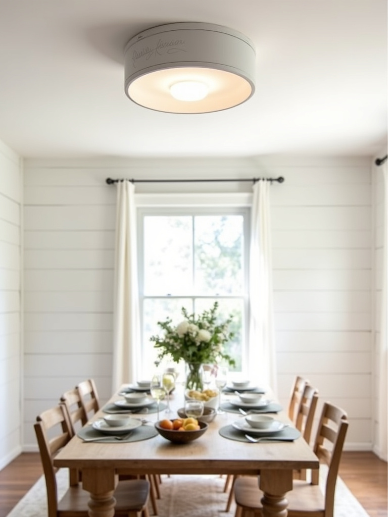 Farmhouse dining room with a white semi-flush mount light providing ambient illumination.