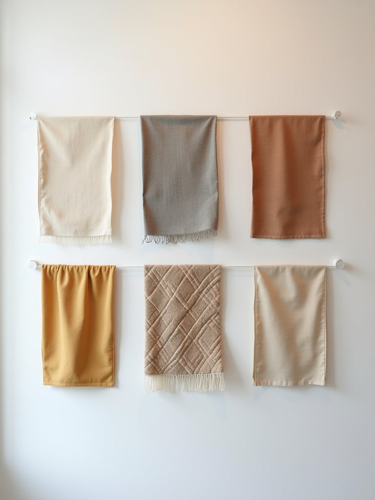 A set of framed textile art, with the textures and colours on full display with neutral white wall acting as backdrop.