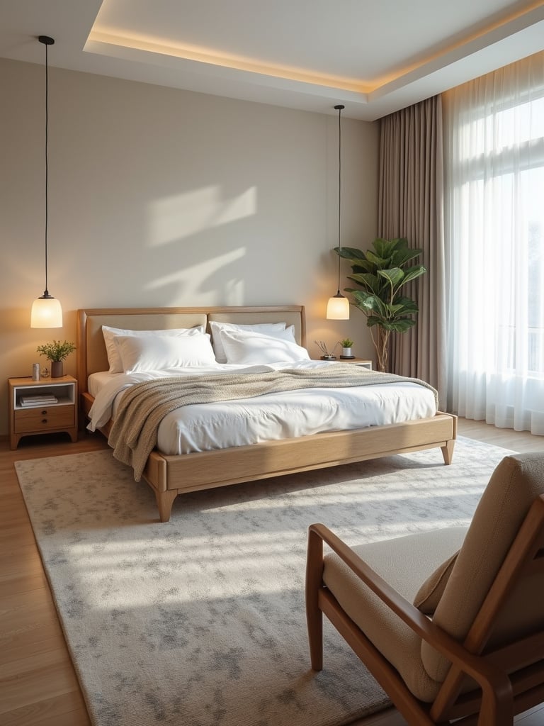 Bedroom with furniture rearranged for a more open and spacious layout.