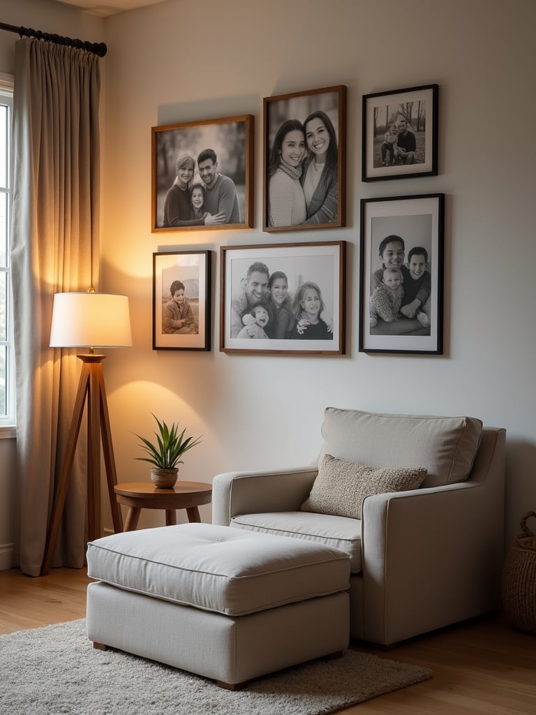 Cozy living room with a gallery wall of framed black and white family photos above an armchair.