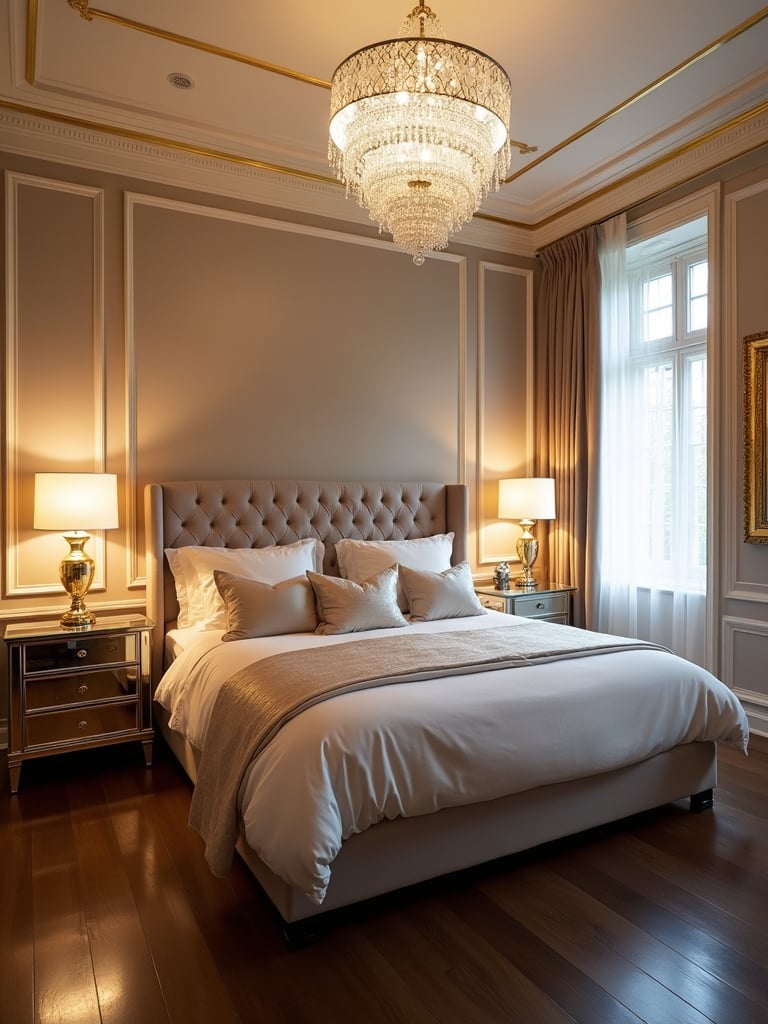 Glamorous bedroom with velvet headboard, gold accents, and crystal chandelier.