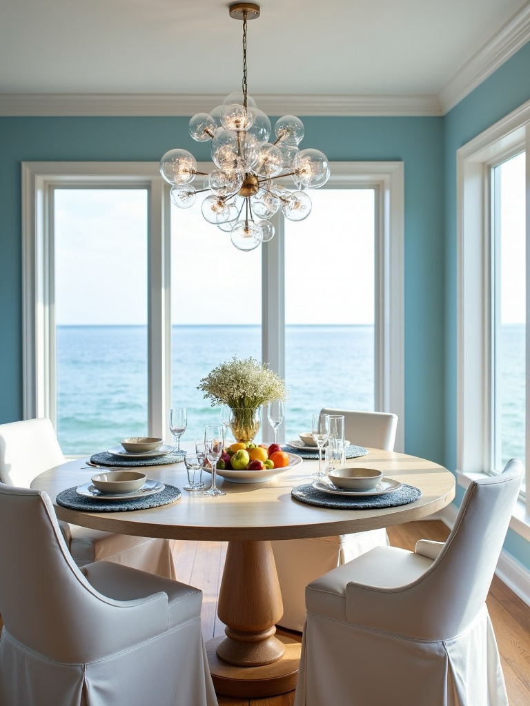 Contemporary coastal dining room with a cluster of clear glass globe pendant lights.
