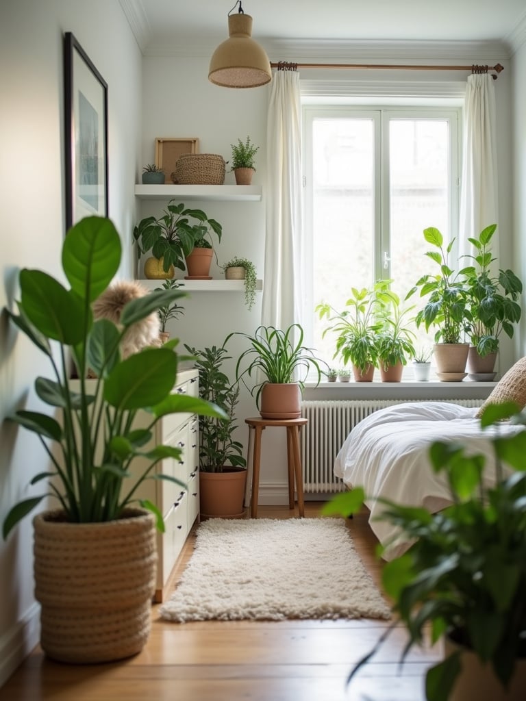 Bedroom with various houseplants creating a fresh and natural atmosphere.