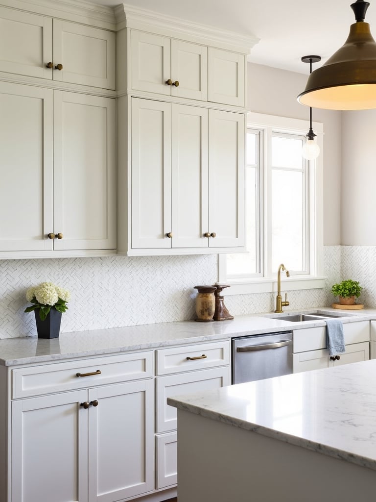 “Transitional kitchen with a white subway tile herringbone pattern backsplash, white shaker cabinets, brass hardware, and a marble countertop.”