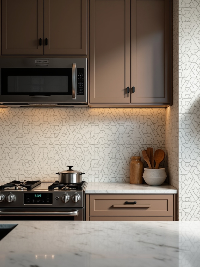 Close-up of a modern luxury kitchen with a detailed high-end backsplash featuring geometric patterns and luxury materials.