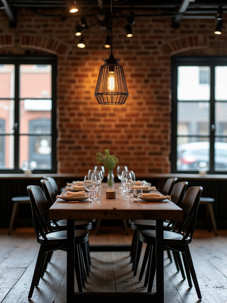 Industrial chic dining room with a black iron cage pendant light and exposed brick wall.