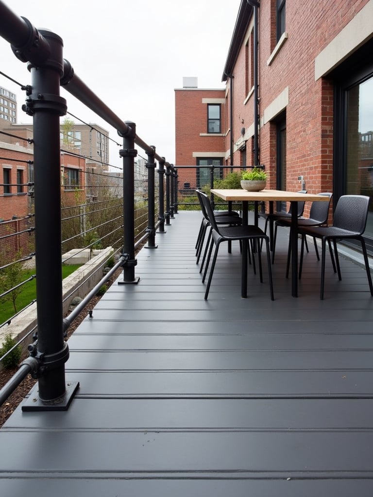 Rugged black iron pipe railing on a modern urban deck.