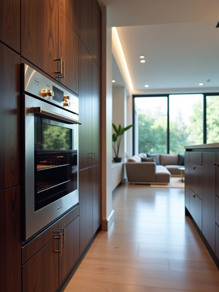 Modern luxury kitchen with sleekly integrated smart appliances, including a smart oven seamlessly built into the cabinetry.