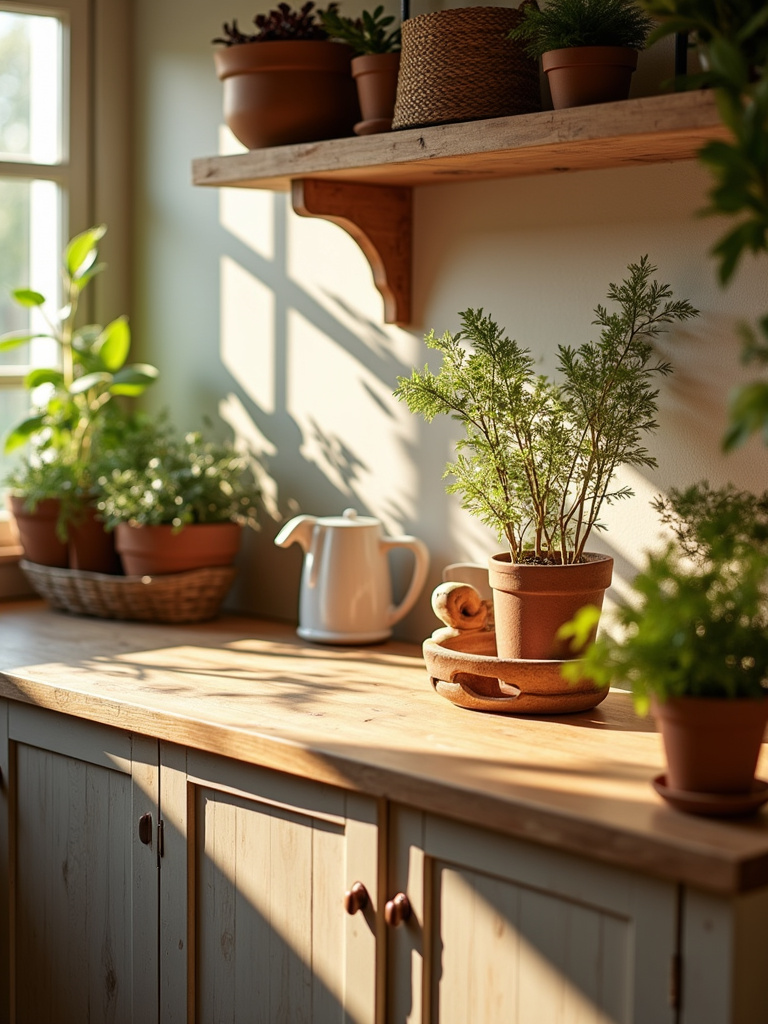A rustic kitchen featuring natural elements such as a wooden countertop and plants.