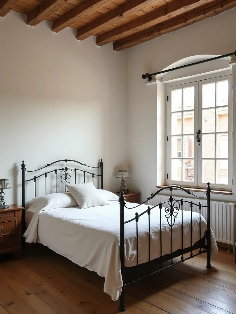 Rustic bedroom featuring a prominent iron bed frame.