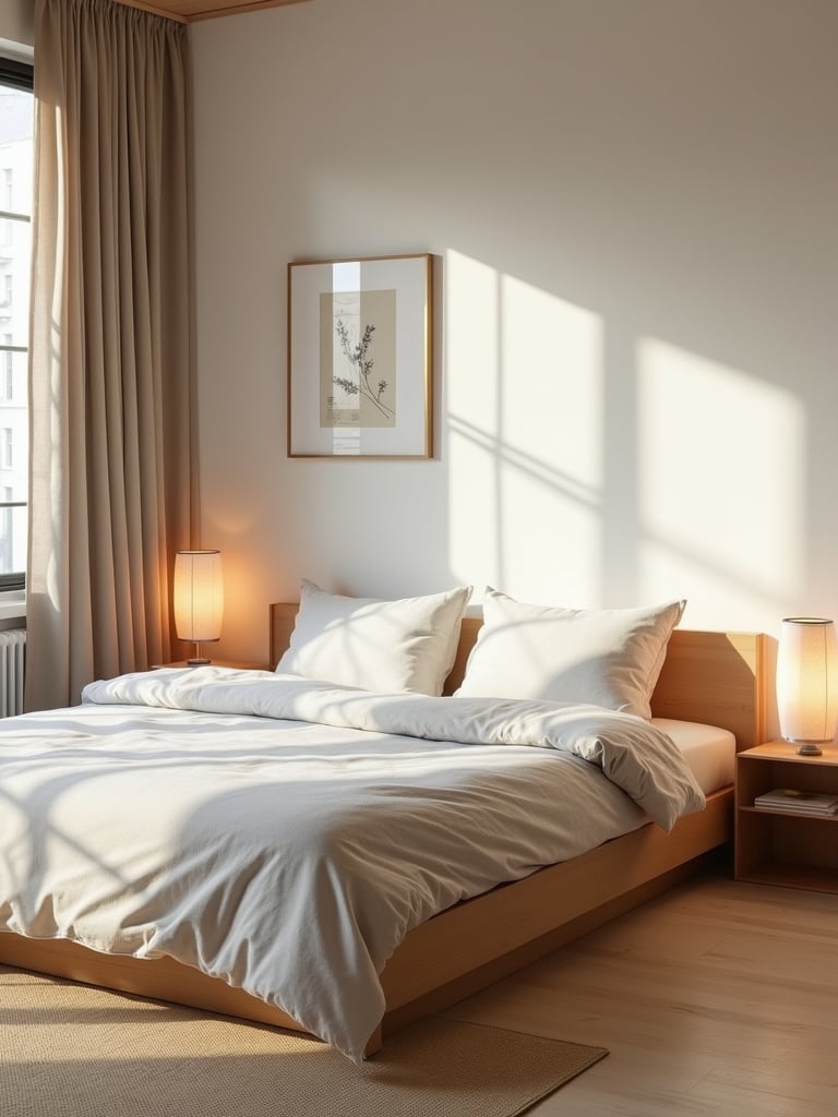 Japandi bedroom with low platform bed, shoji screen, and natural wood accents.