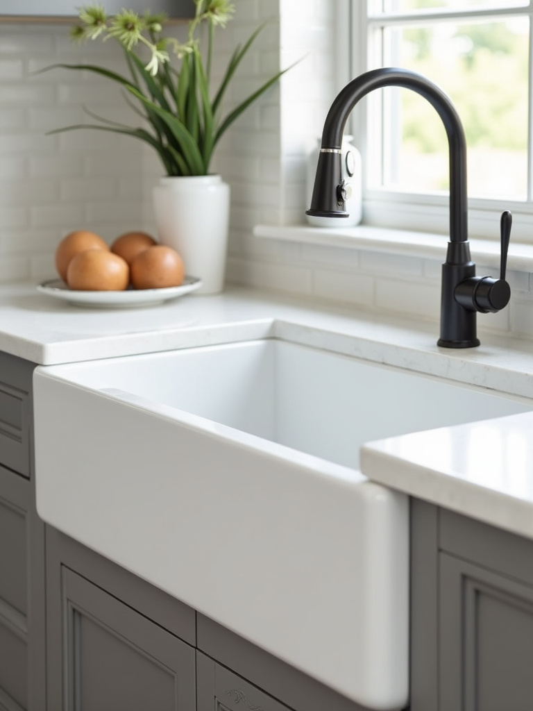 Modern luxury kitchen featuring a large, white farmhouse sink with an exposed front, apron-style design.