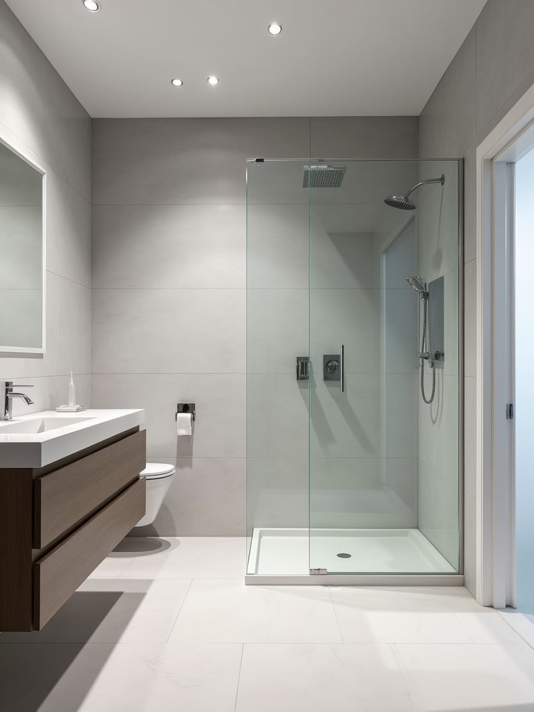 Minimalist bathroom featuring large format light grey tiles for a seamless and modern look.
