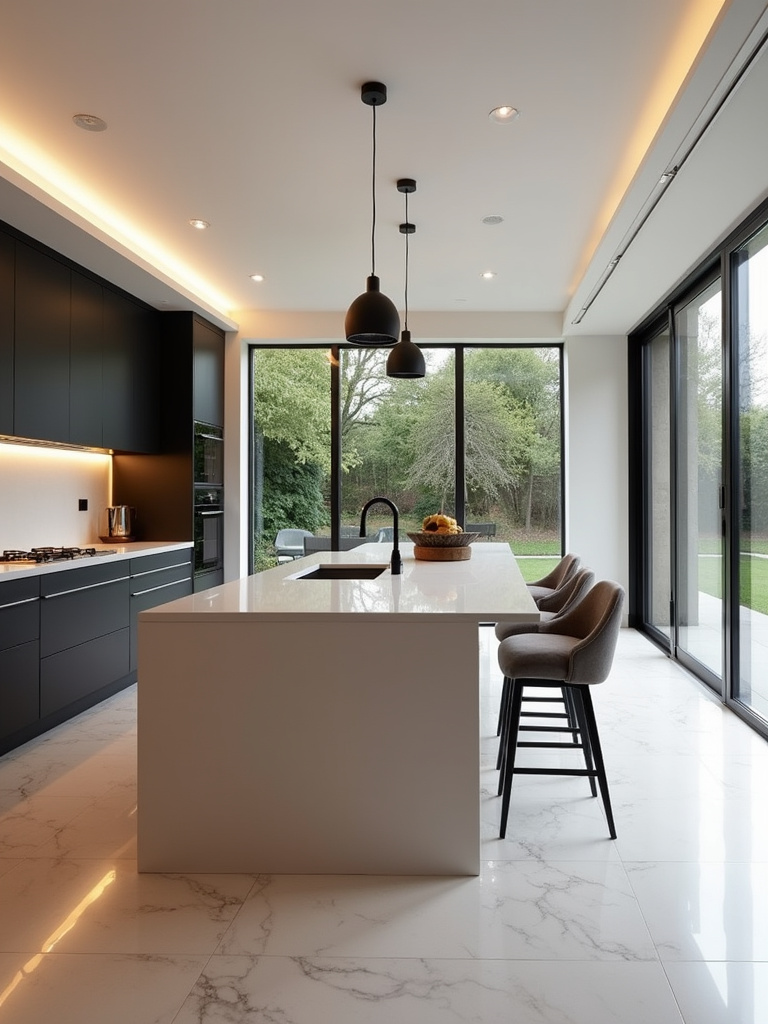 Modern luxury kitchen featuring a large central kitchen island with seating area.