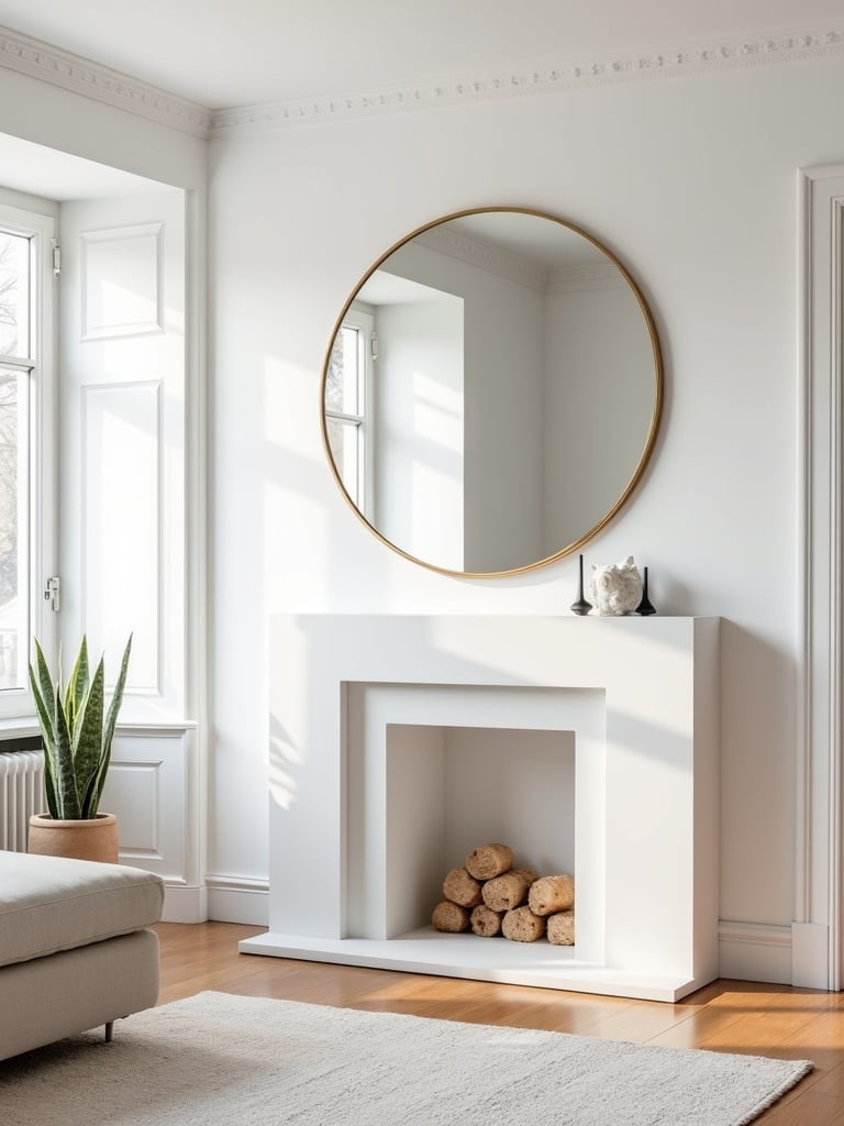 Bright living room with a large round mirror with a gold frame above a white fireplace mantel.