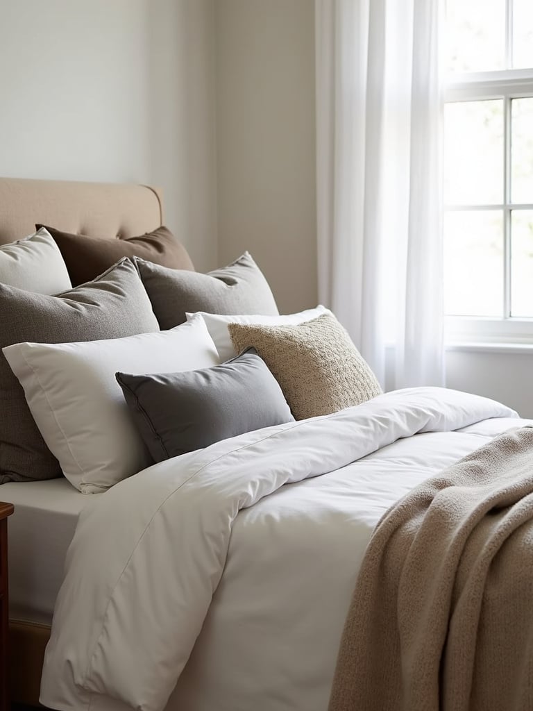 Bed with layers of pillows, throws, and a duvet for comfort and style.