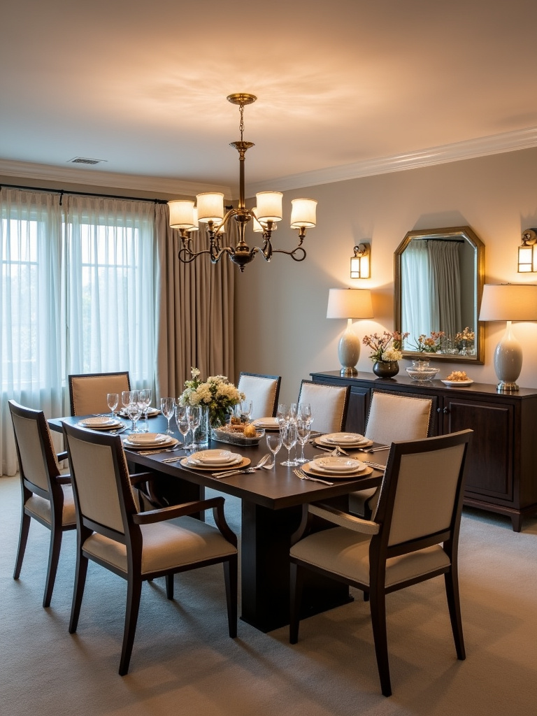 Transitional dining room with a layered lighting scheme including a chandelier, wall sconces, and a buffet lamp.