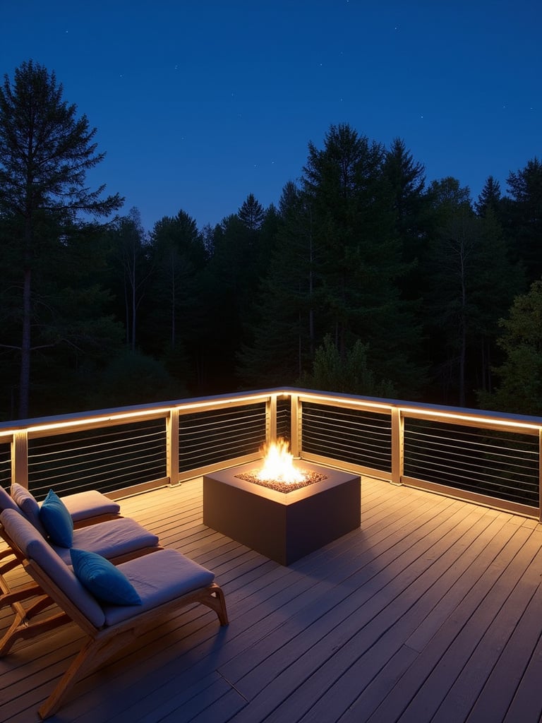 Deck railing with integrated LED lighting illuminating a modern deck at dusk.