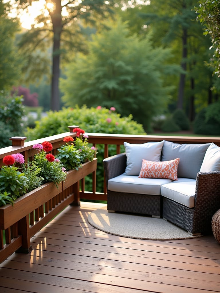 Deck railing with integrated planter boxes filled with flowers and plants.