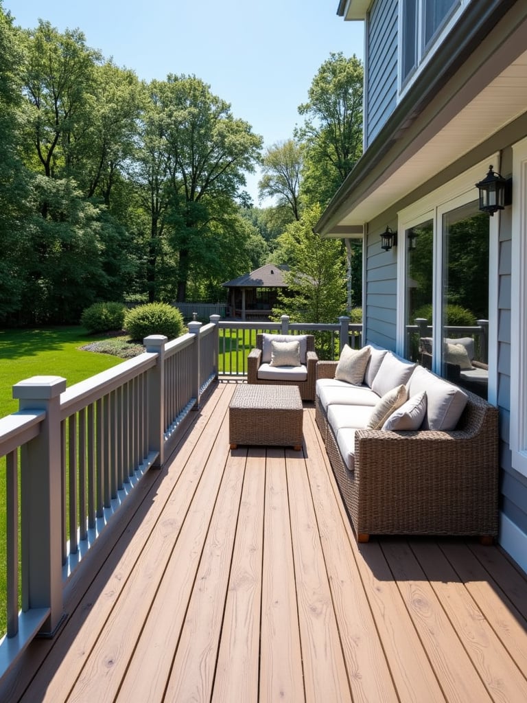Low-maintenance grey composite railing on a modern composite deck.